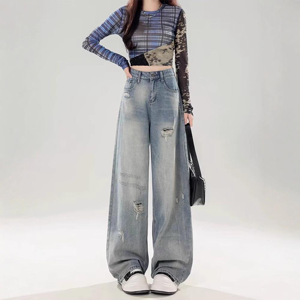 2025 Women's American Style Ripped Wide-Leg Floor-Length Jeans - Loose, Retro, Versatile for Spring and Autumn