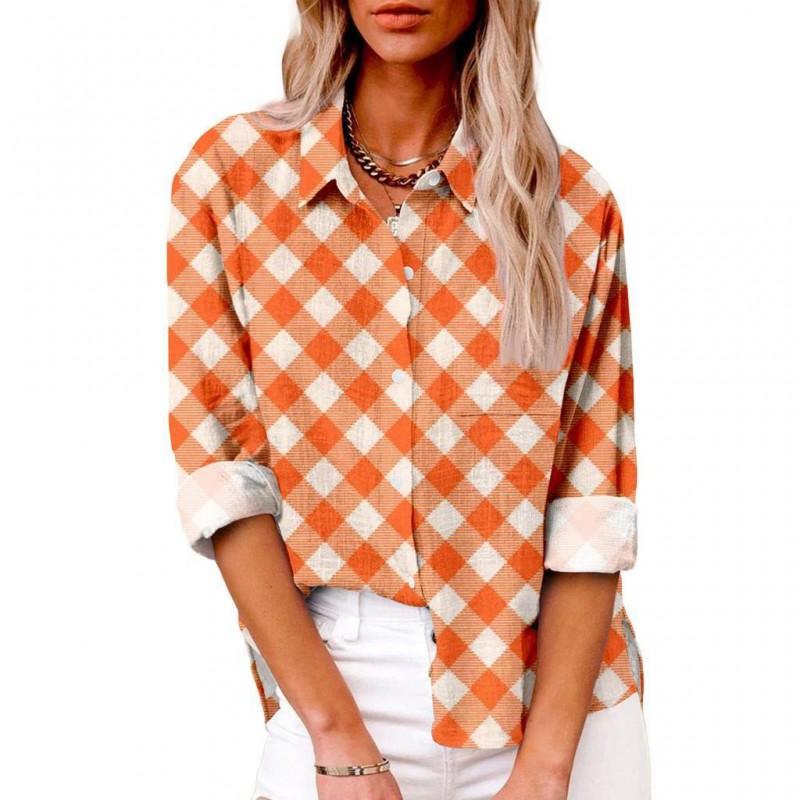 Womens Relaxed Fit Long Sleeve Shirt With 3D Digital Print Plaid Casual Cotton Linen Blouse