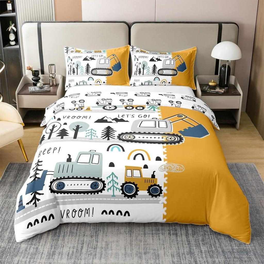 Cartoon Camping Excavator Duvet Cover Set King Size Luxury Truck Bedding Set Camping Essentials 3 Piece Set With 2 Pillowcases