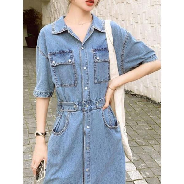 Elegant Denim Dress Women Summer Slim Waist French Style Tea Dress A Line Midi Petite Friendly