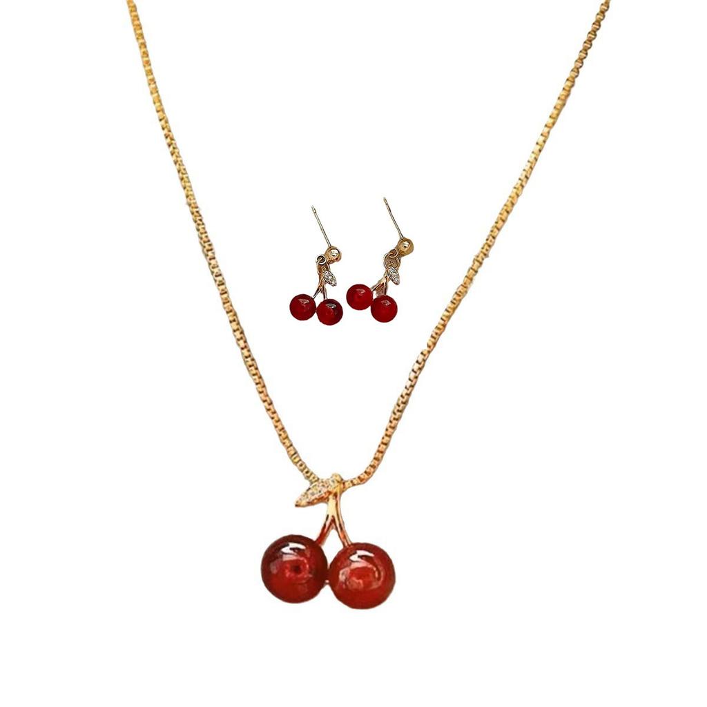3PC Women's Fashion Red Cherry Necklace Earrings Zircon Set Suitable for Wedding, Party, Festival Gifts