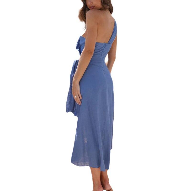 Sweet Sleeveless Pink Sexy Dress Summer Diagonal Collar Irregular Off-shoulder Dress Casual Belt Zipper Mid-length Dress 25547
