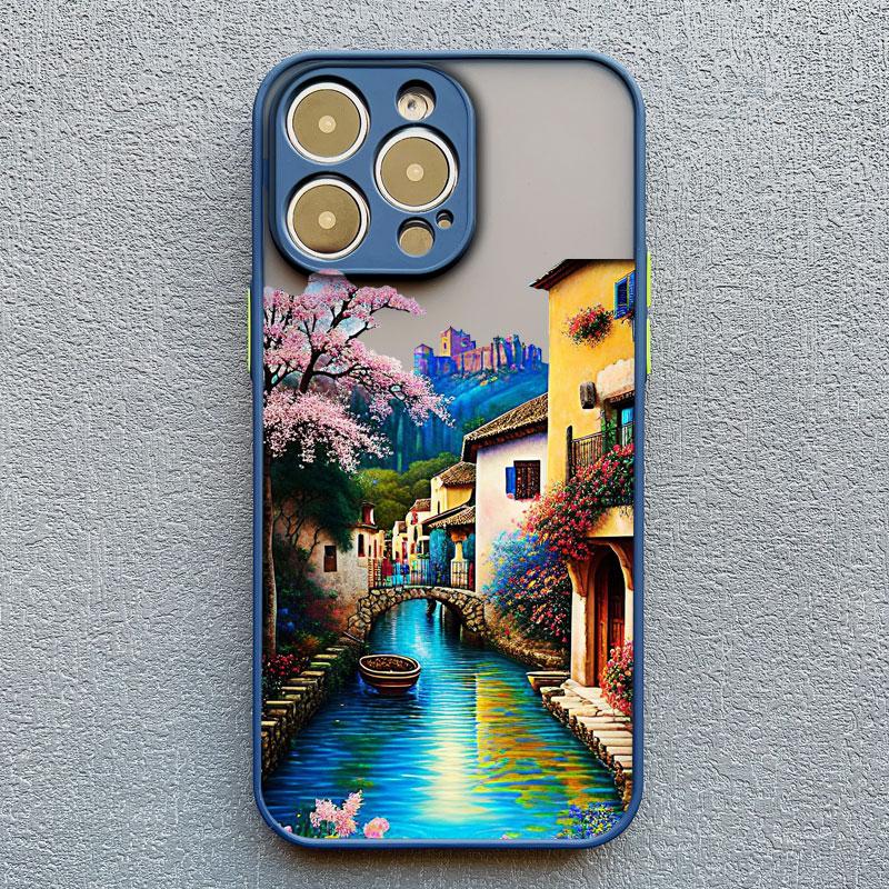Hand Painted House scenery Phone Case For iPhone 13 12 11 Pro Max Mini 15 14 7 8 Plus Pro Max SE2 X XR XS Shockproof Matte Cover