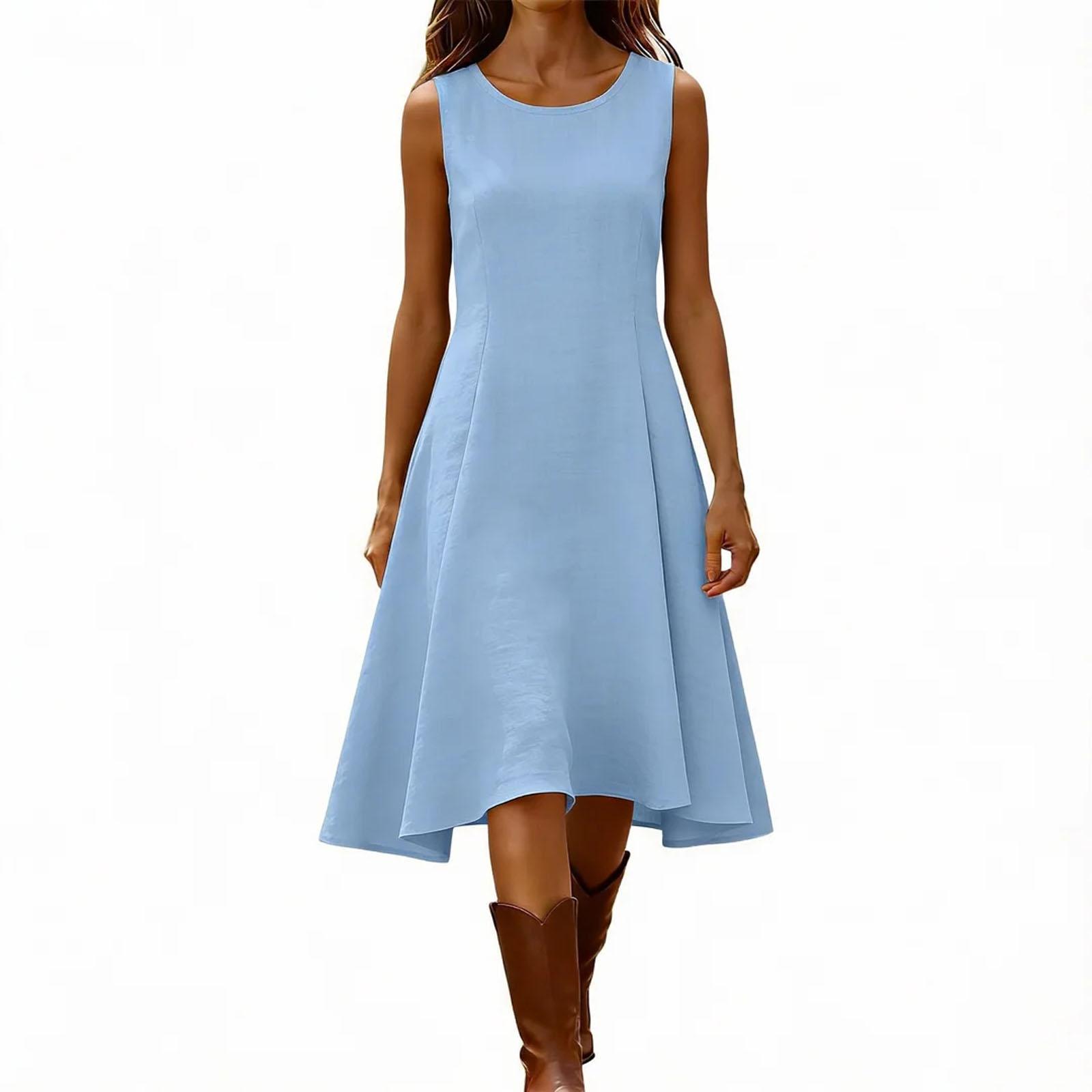 

Women s Summer Cotton Dress Casual O Neck Long Sleeve Beach Midi Dress S синій