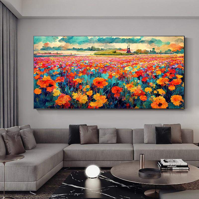 Abstract Colorful Flower Field Canvas Painting Printed On Canvas Floral Landscape Posters and Prints for Living Room Wall Decor