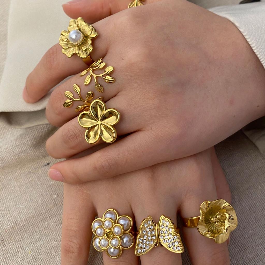 CARLIDANA New Gold-Plated Stainless Steel With Pearl Rings Jewelry Women Zircon Flower Butterfly Leaf Rings Adjustable Fashion