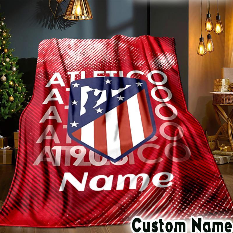 Custom Name Atletico Madrid Crest Throws Blanket Flannel Blankets for Couch Bed Gifts for Men Women Picnic blanket Christmas fan gifts