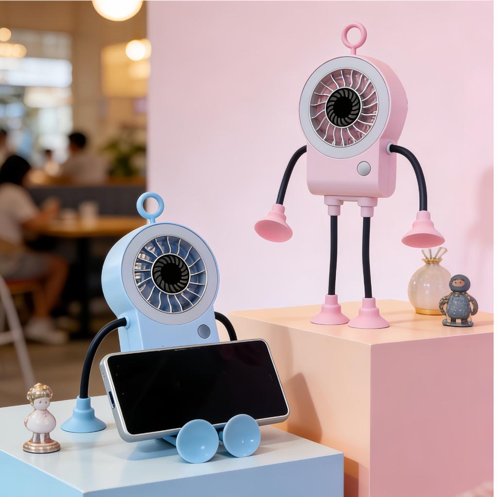 2026 Summer New Cute Cartoon Robot Handheld Fan, LED Light Smart Digital Display Desktop Fan
