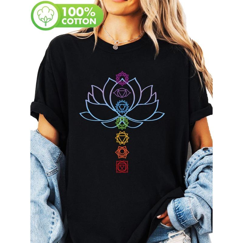 Spiritual Zen for Lotus Flower Print T-shirt, Short Sleeve Crew Neck Casual Top for Summer & Spring, Women's Clothing