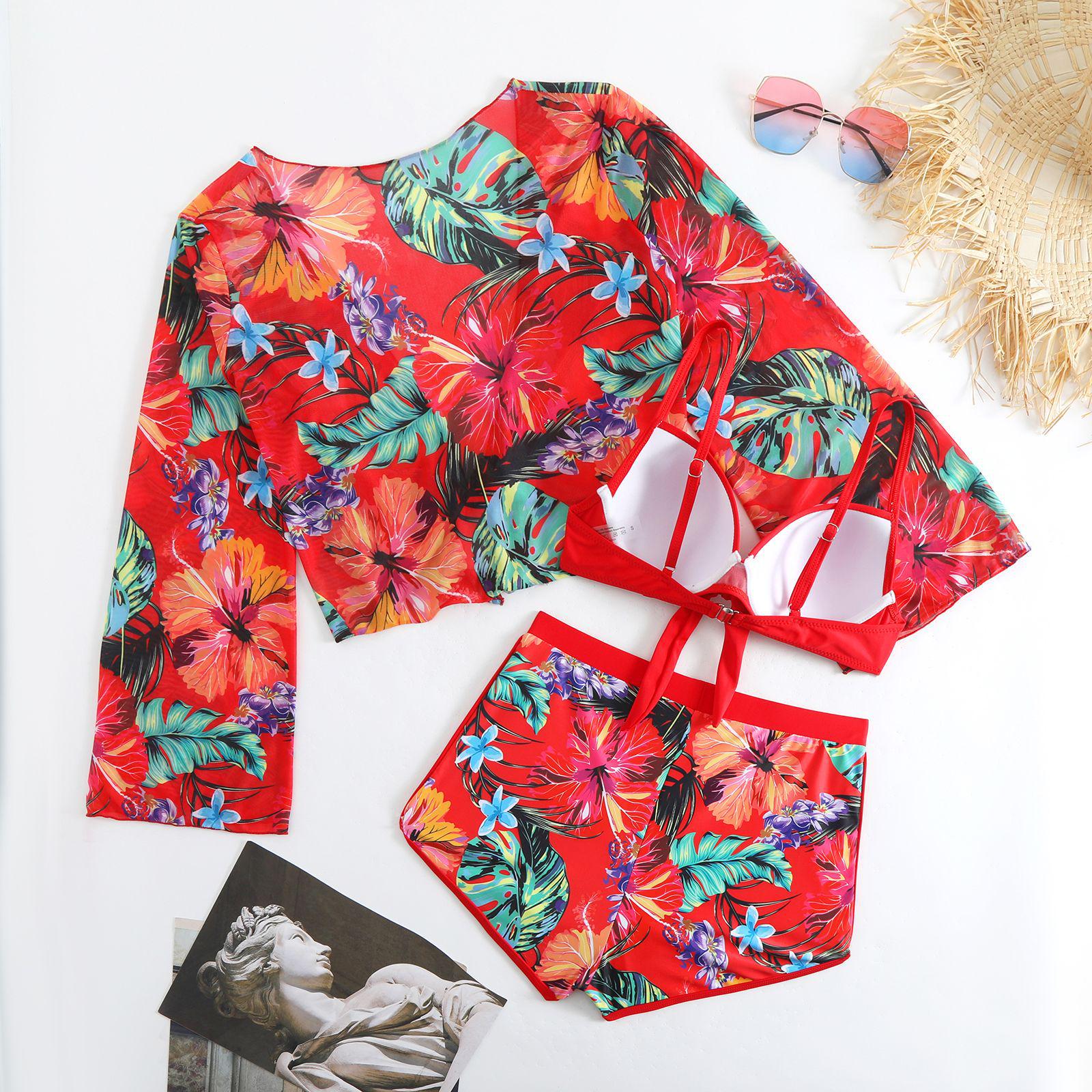 

2024 Женский раздельный купальник бикини и шорты-бойлеги – С длинным рукавом, прикрывающий живот, для моря и горячих источников Large красный