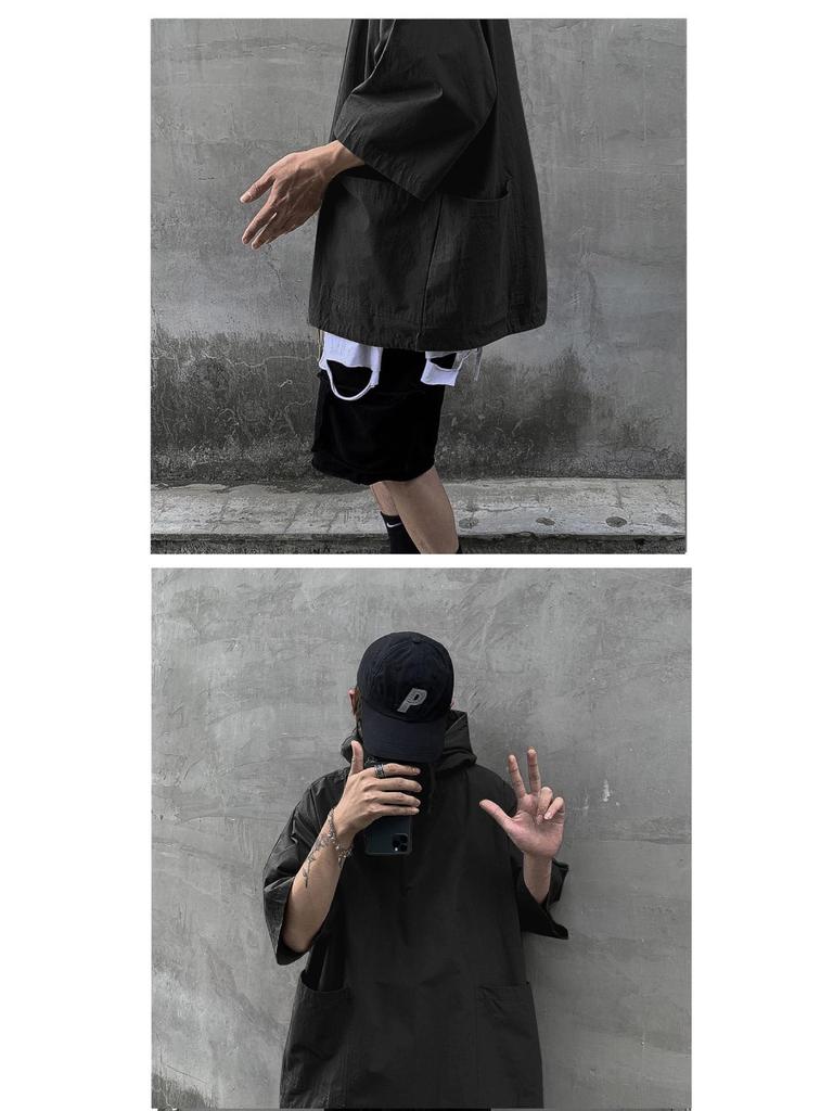 Men's Korean Retro Hong Kong Style Hooded Short-Sleeve Sweatshirt