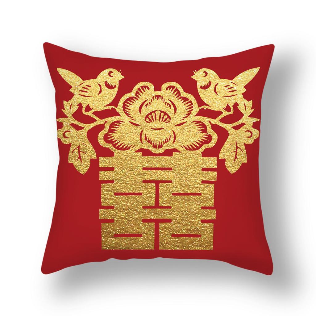 New Chinese Style Happy Character Pillow, Wedding Red Pillow, Pair of Wedding Bedside Pillows, Short Plush Sofa Pillows
