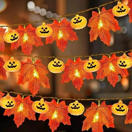 LED Pumpkin & Maple Leaf String Lights for Halloween and Thanksgiving Decor