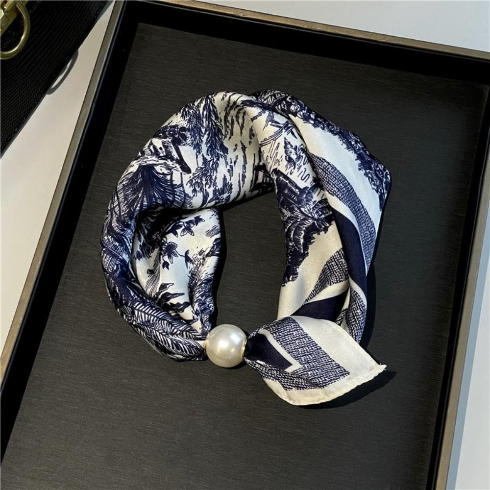 

Printed Silk Scarf Pearl Buckle Neckerchief New Neck Scarf Women 03