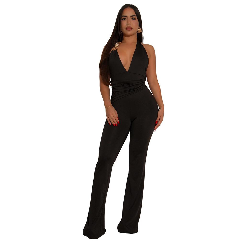 Strappy Deep V Halter Solid Color Jumpsuit - Women's Fashion Europe America Style
