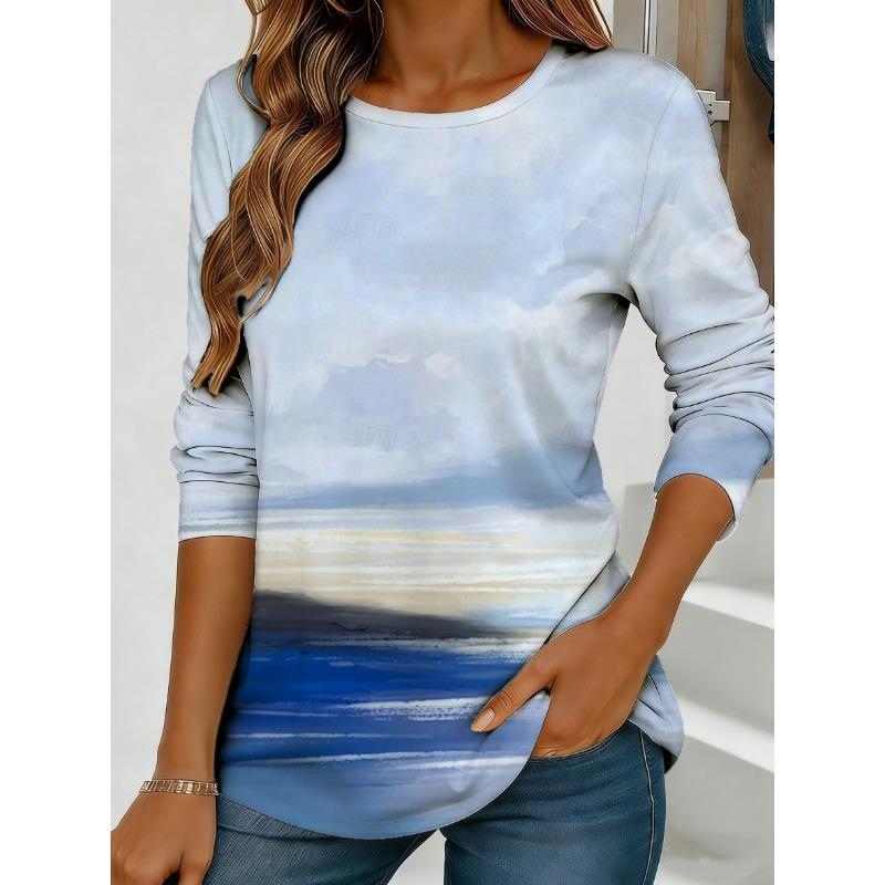 Women's Abstract Watercolor Print Long-sleeved Loose Round Neck Top, Casual Everyday Street Style with Elegant Design.