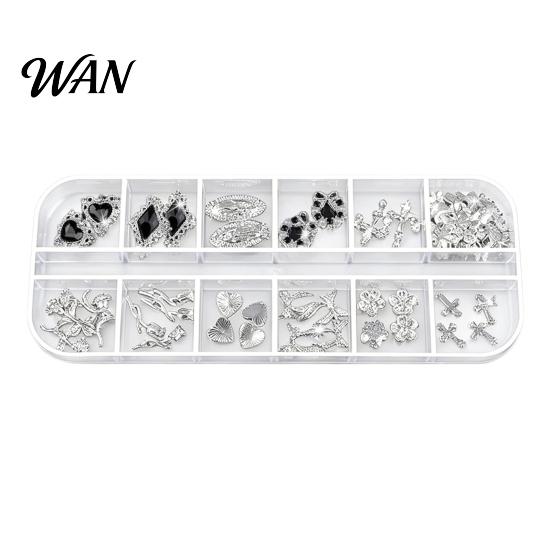 Metal Nail Charms 1 Set 3D Art 12 Grids Love Heart Charm Kit Flower Butterfly DIY Design Crafting Manicure Decoration Accessories Embellishments
