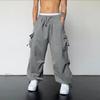 Men Baggy Cargo Pants Solid Color Parachute Pants Loose Fit Jogger Trousers with Side Pockets for Street Outdoor Sports