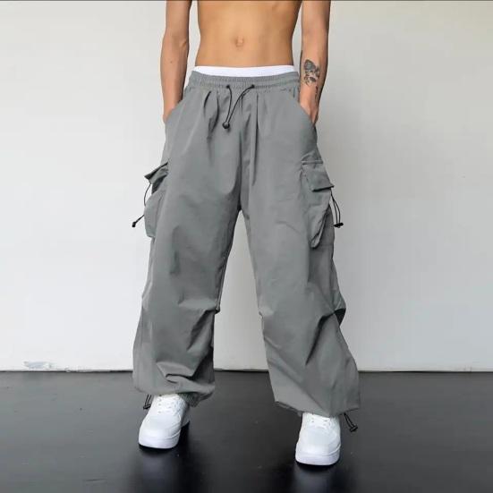 Men Baggy Cargo Pants Solid Color Parachute Pants Loose Fit Jogger Trousers with Side Pockets for Street Outdoor Sports