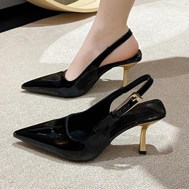 

New Summer Pointed Scalp Buckle Shallow Slim Heel Sandals for Women Fashion Comfortable Sexy and Elegant Banquet High Heels 35 чёрный