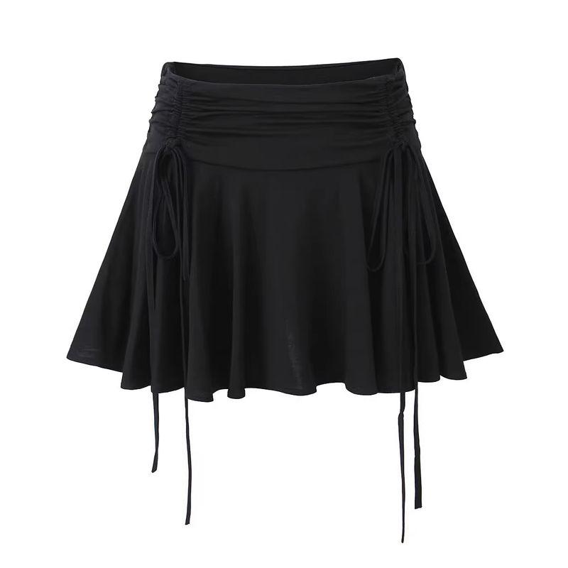 

Spring New Arrival American Retro A- line High Waist Pleated Drawstring Fashion Tape Sexy Short Skirt Shoelace Skirt Black L