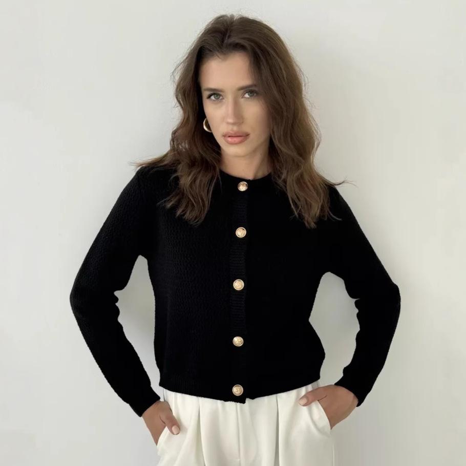 Beige Short Knit Cardigan with Gold Buttons