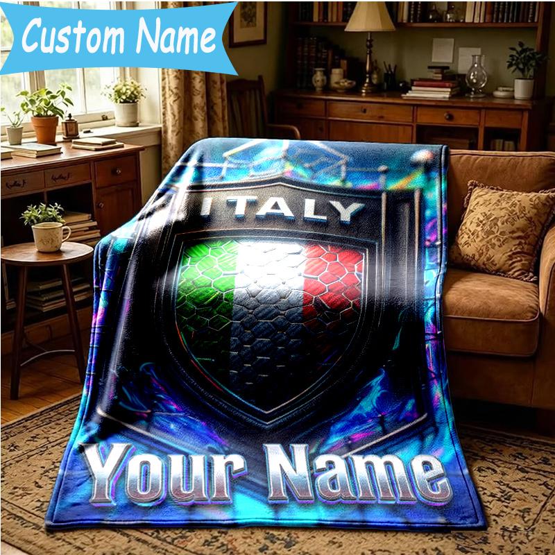 Custom Name Italy Football Crest Blanket Flannel Blanket for Camping, Hiking, Garden Parties, Picnic Essentials,gift for family and friend