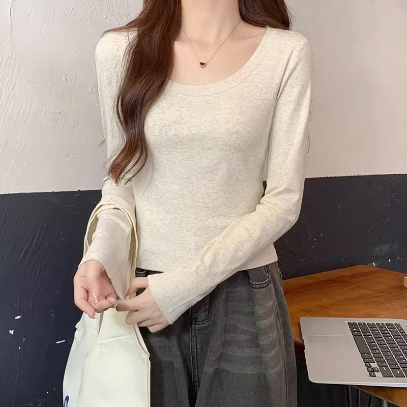 Retro U-ringad långärmad T-shirt för kvinnor höst och vinter ny stor urringning enkel och mångsidig hot girl kort nyckelbensbas-topp