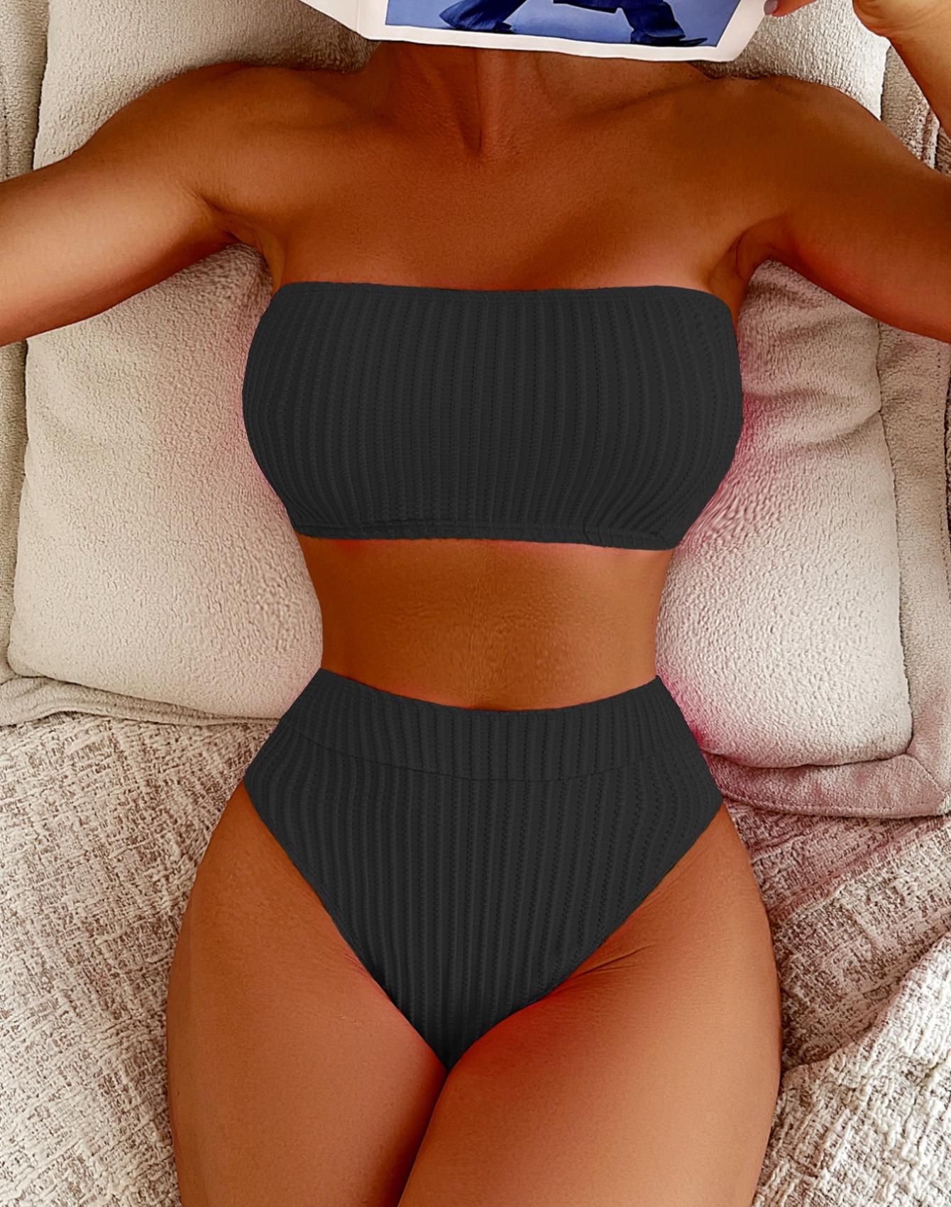 

Женский купальник, однотонный, без бретелек, с завязками на спине, с высокой талией, с разрезом, купальник-бикини, пляжная одежда, купальные костюмы XL