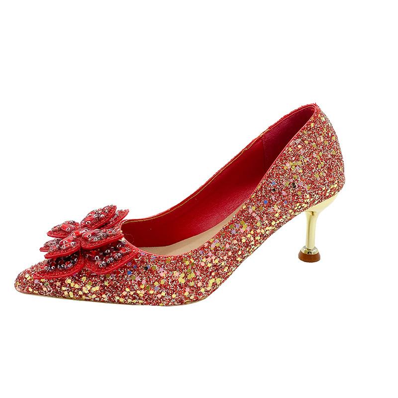 Large size Chinese wedding shoes bridal shoes new crystal sequined wedding show he thin heel pointed single shoes