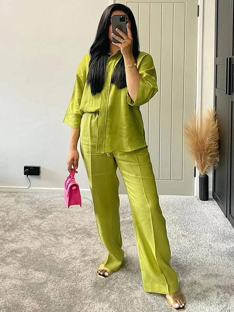 Spring Women's Casual Set: European & American Style Loose Shirt with Wide-Leg Pants