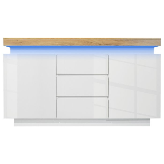 Commode - MUVOE - 81 X 140 X 39 Cm - Éclairage LED - 3 Tiroirs - Blanc Brillant