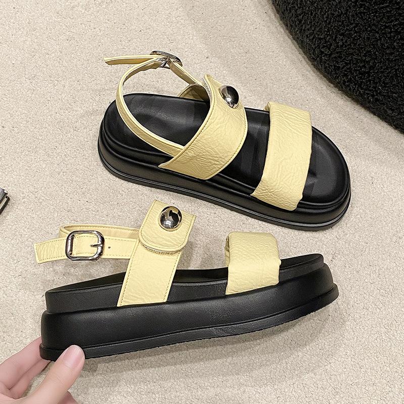 2025 Summer New Flat-bottomed Simple Wind One-word Buckle with Round Head Versatile and Thin Thick-soled Open-toed Muffin Sandals Women