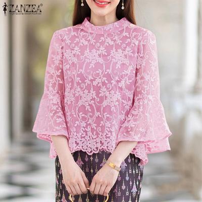 Damen Freizeit Stehkragen Hohlstickerei Spitze Patchwork Bluse