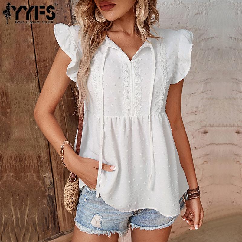 

YYFS женские модные повседневные однотонные блузки и рубашки с короткими рукавами и v-образным вырезом с принтом S белый