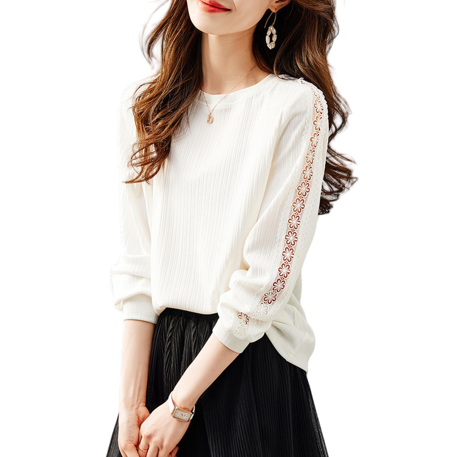 

Long Sleeve Cut and Sewn Round Neck Lace Loose Plus Perfect for and Fall [MzcoYmm] Women s T-Shirt, Top, See-Through Sleeves, Embroidered, Pullover, белый