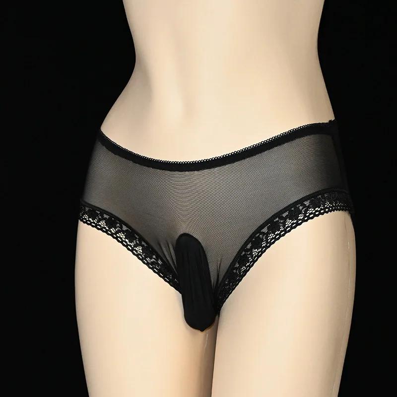 Large Size Sissy Panties Men Mesh Fully Transparent Briefs Silky Smooth Bullet Separation Lingerie Underwear U Convex Underpant