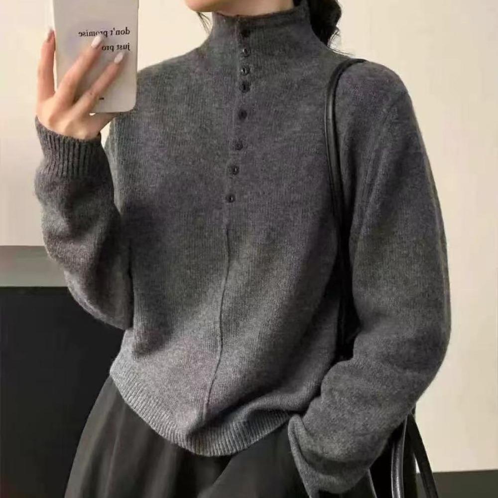 New Autumn and Winter Half-button High-neck Sweater for Women, Thick Long-sleeved, Fashionable and Versatile Base Knitted Sweater