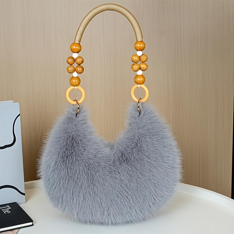 1pc Women's Faux Handbag - Plush Faux Tote & Crossbody Purse with Bead-Accented Strap, Golden-Tone Charm-Like Beads, Zipper Closure