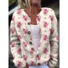 Cardigan Tricot Femme Col Rond Boutonnage Simple Imprimé Floral Manches Longues Vêtement d'Extérieur Décontracté
