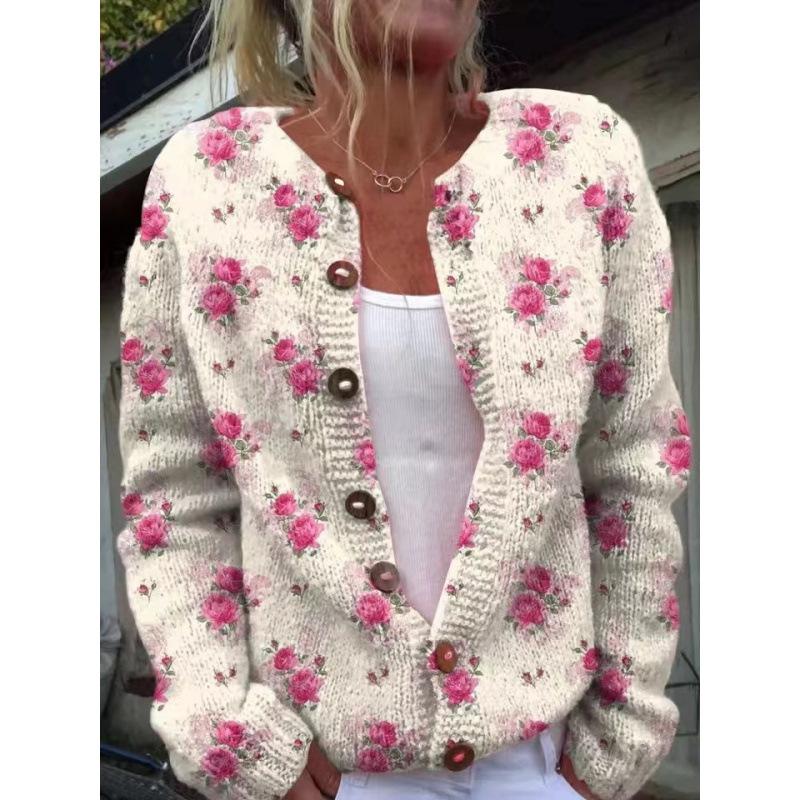 Cardigan Tricot Femme Col Rond Boutonnage Simple Imprimé Floral Manches Longues Vêtement d'Extérieur Décontracté