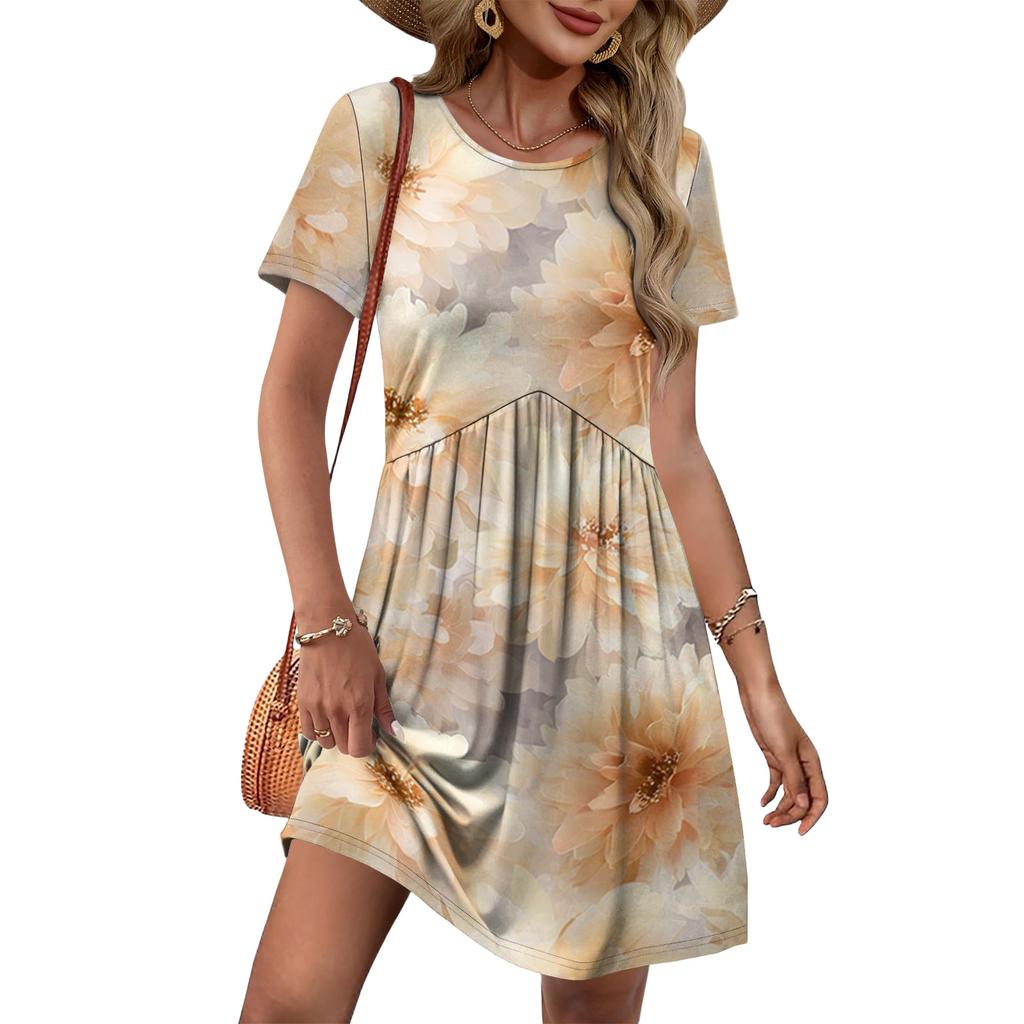 Women’s Short Sleeve Floral Print Casual Mini Dress Crew Neck Loose Fit Summer Sundress Soft Fabric Comfortable Style