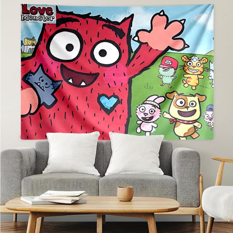 Love Monster Print Tapestry, Backdrop, Easy Setup, Ideal for Bedroom, Office & Living Room, with Aesthetic Wall Hanging Decor.