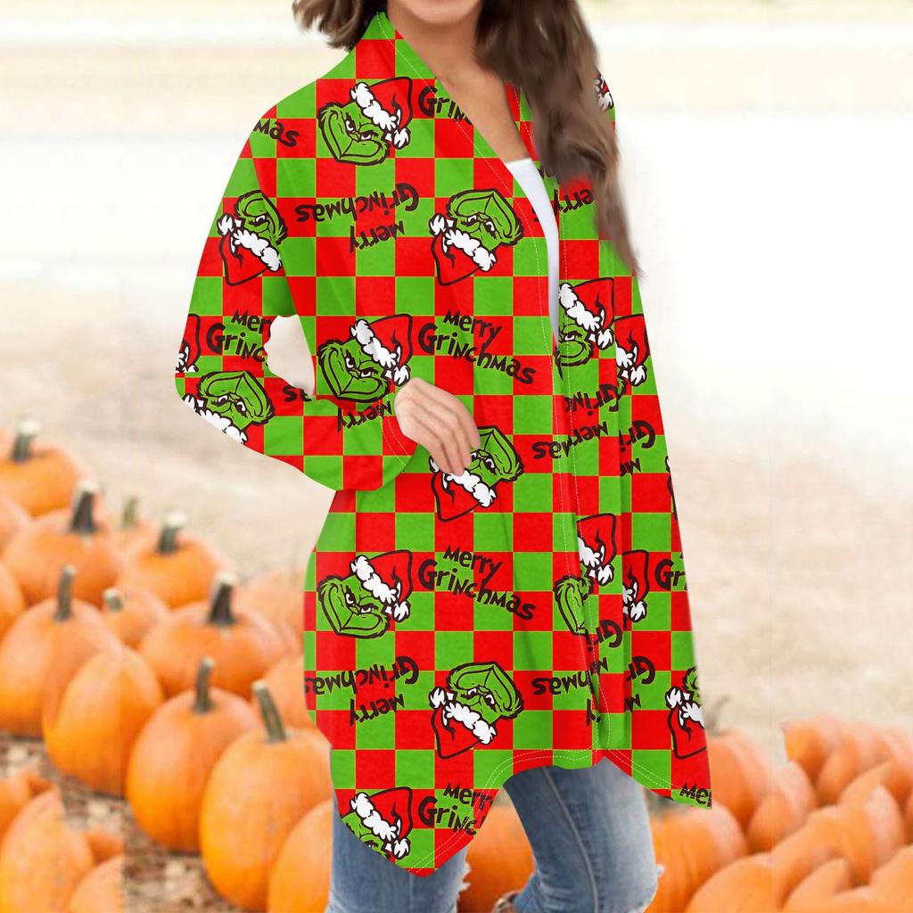 Damenmode, lässig, Weihnachtsdruck, mittellanger Cardigan-Jackenmantel
