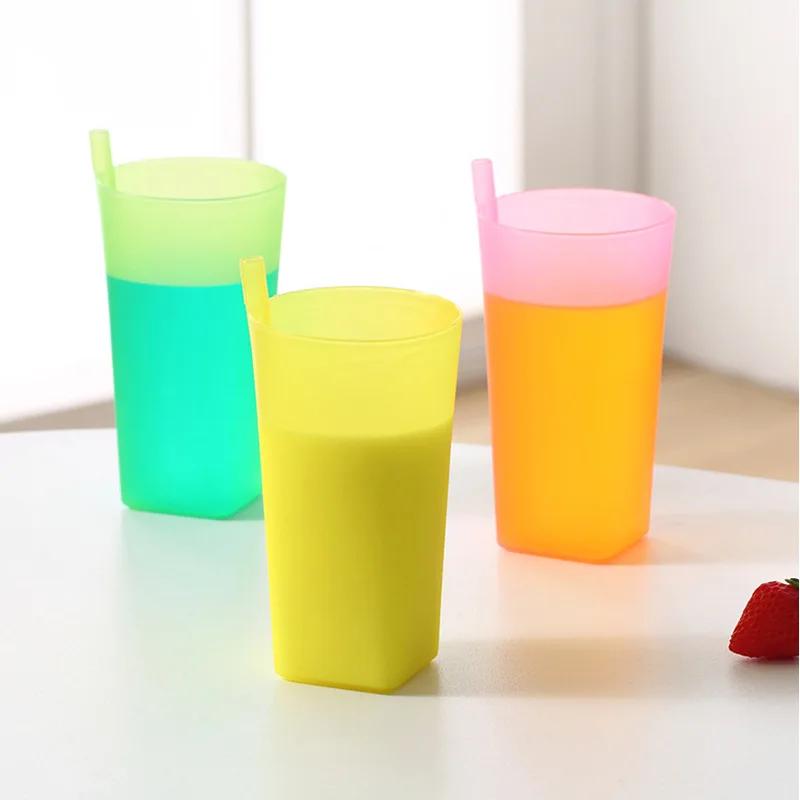 Solid Color Fresh Candy Color Small Straw Children's Cup Plastic Drinking Water Transparent Straw Cup Integrated Beverage Cup