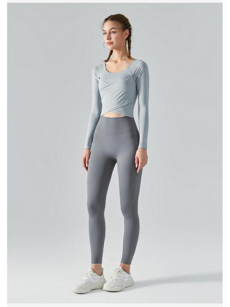 Autumn/Winter Slimming Yoga Top with Built-in Bra and Cross-Pleated Design - Long Sleeve Fitness Wear for Women