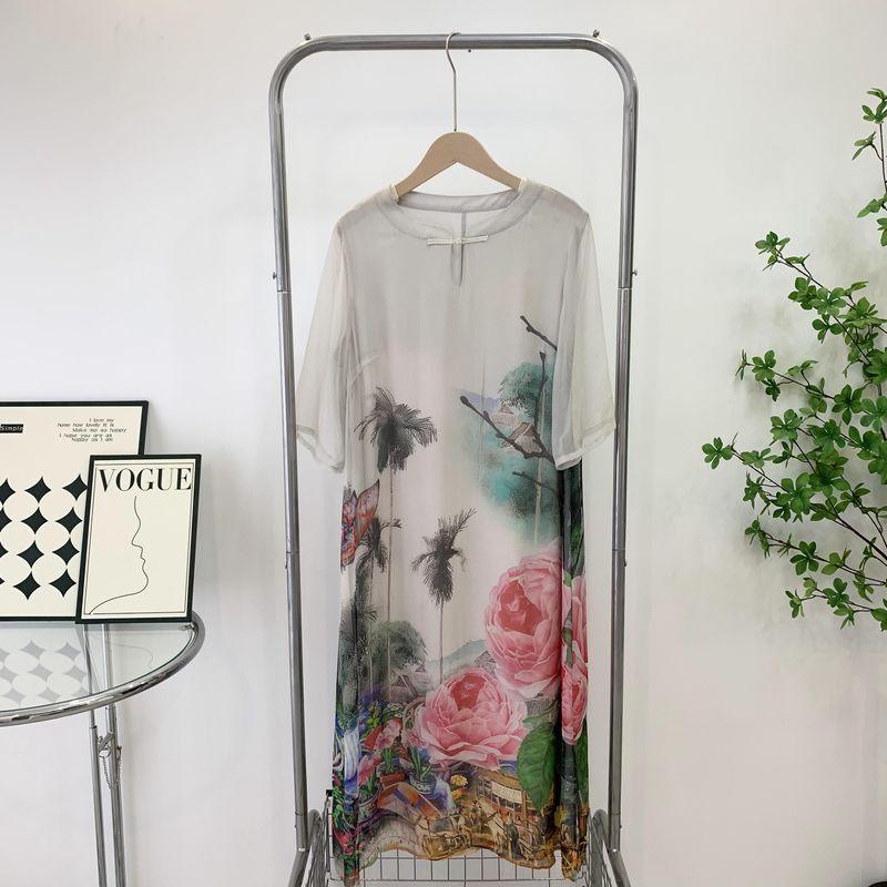 

Special Offer Mulberry Silk Skirt New Chinese National Style Chinese Knot Button Top Women s New Arrival Summer Thin Silk Printed Dress Faded on both shoulders of the light gray 2XL