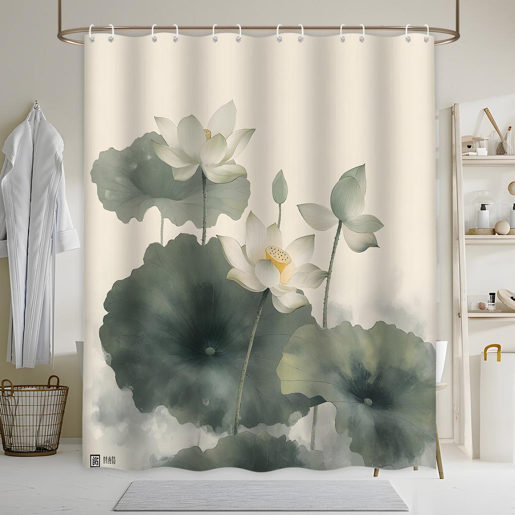 White Lotus Shower Curtain - Pale Yellow Centers, Soft Green Leaves, Tranquil Watercolor Style,Machine Washable