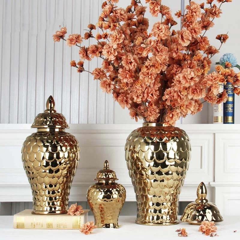 Ceramic General Jar Porcelain Handicrafts Geometric Golden Jar Storage Tank Flower Vase Home Decoration Accessories