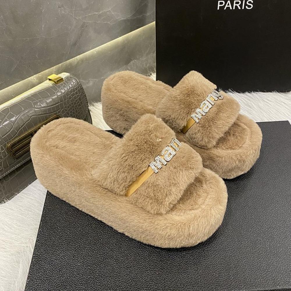 Mode Zuhause Fellige Fell-Pantoletten Plüsch-Hausschuhe Flauschige Flip-Flops Luxus Slipper Plateau Damen Modeschuh 2024 Zapato De Mujer Designer